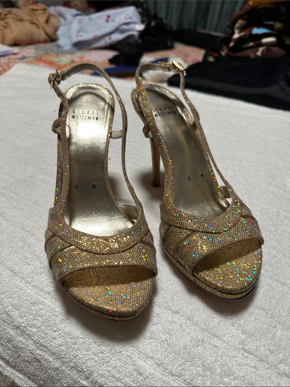 Stuart Weitzman Glitter Gold Open-Toe Slingback Heels